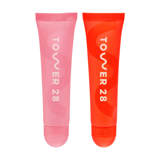 [Shared: Tower 28 Beauty LipSoftie™ Date Night Duo pictured in Watermelon Kiwi and SOS Clear]